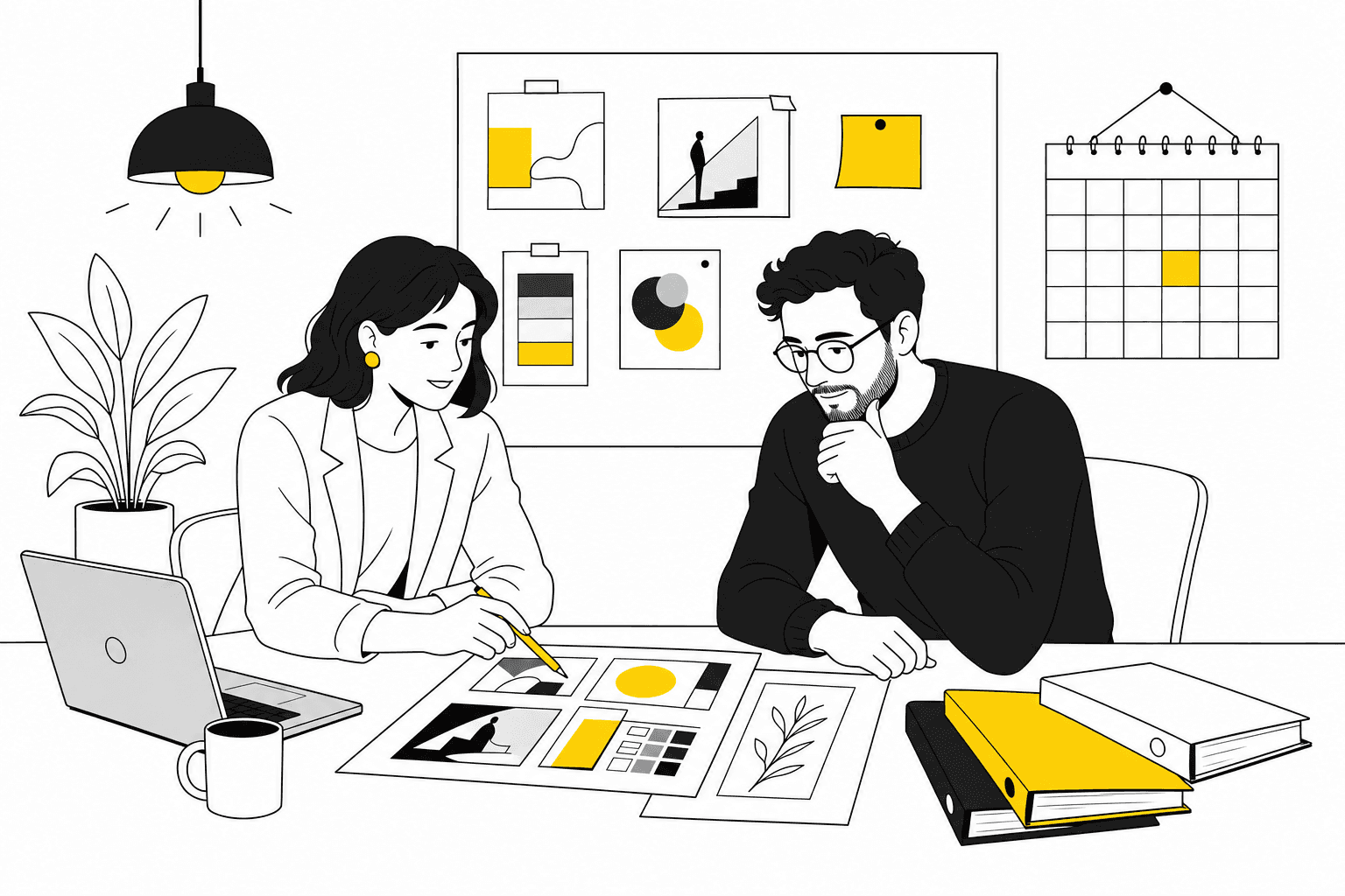 Illustration of an agency account manager reviewing client work with folders and a calendar