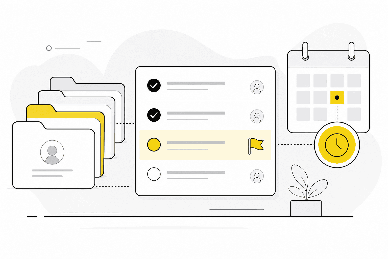 Illustration of organized client work with folders, deadlines and a task checklist