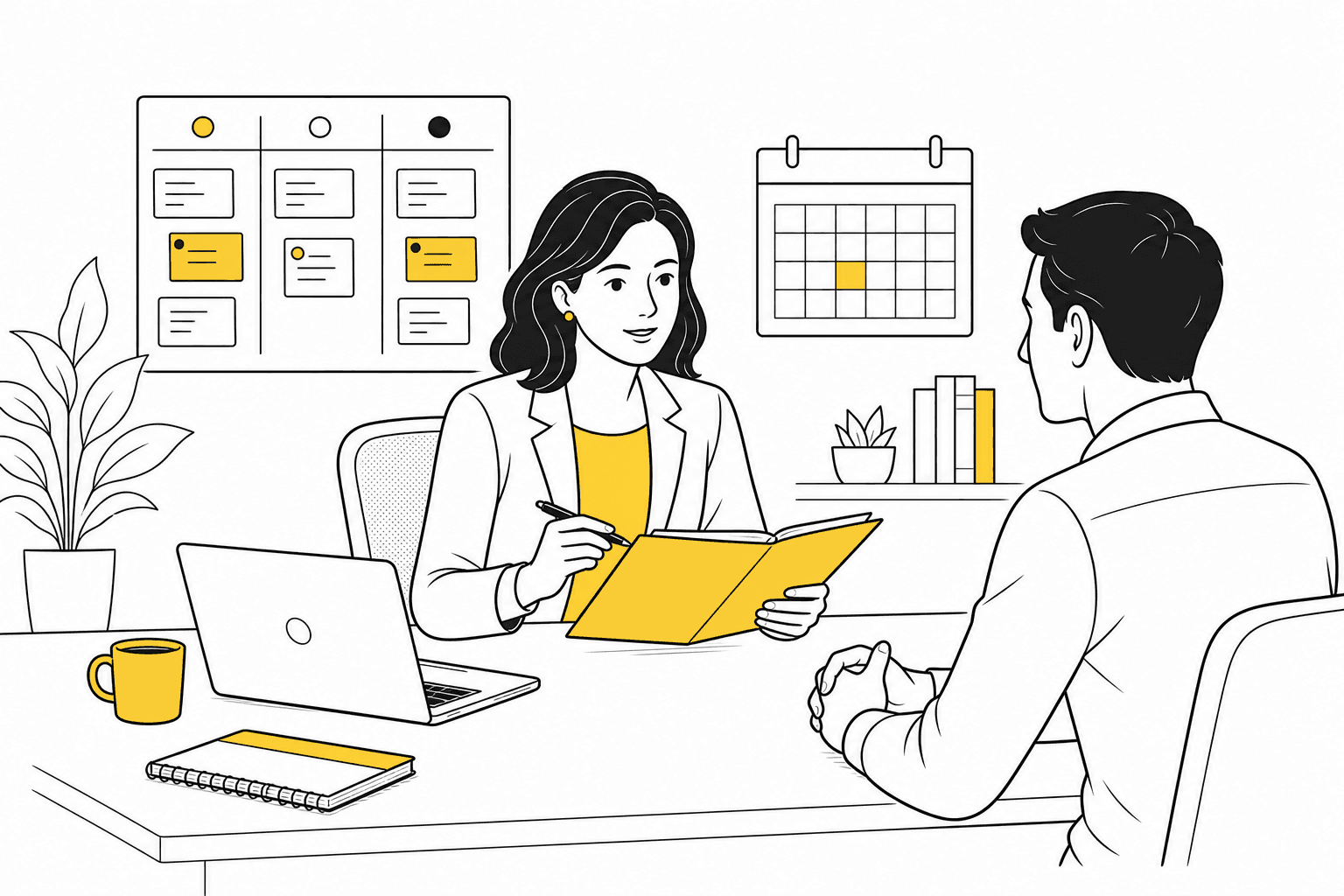 Illustration of a consultant reviewing client work beside a project board and calendar