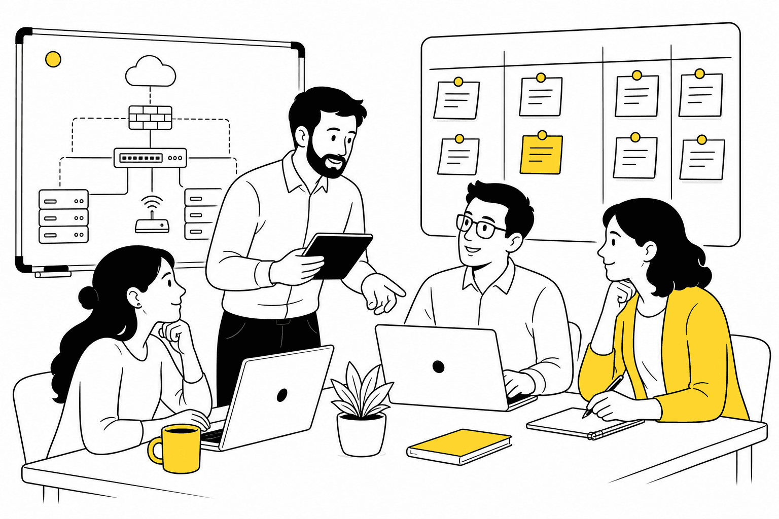 Illustration of an IT services team coordinating accounts, projects and follow-ups