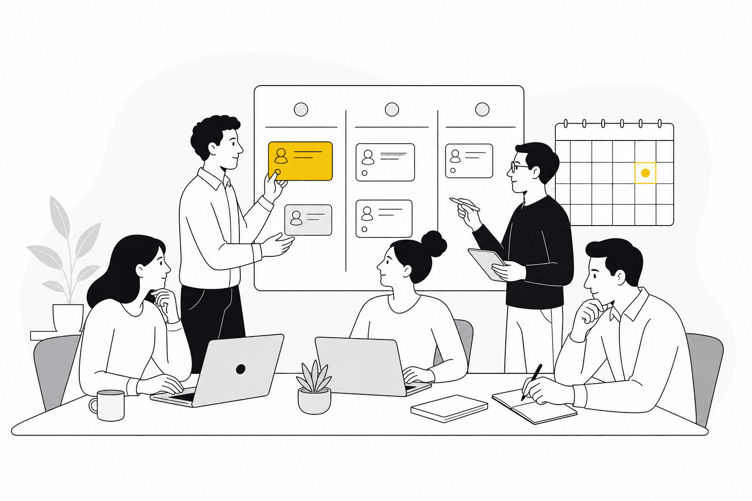 Illustration of a service business team coordinating customers, projects and follow-ups in one workspace