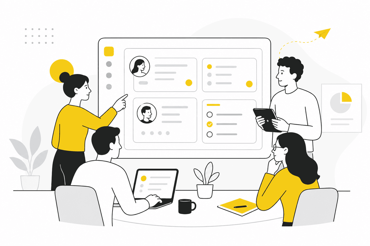 Illustration of a small team sharing a compact CRM workspace with customers and tasks
