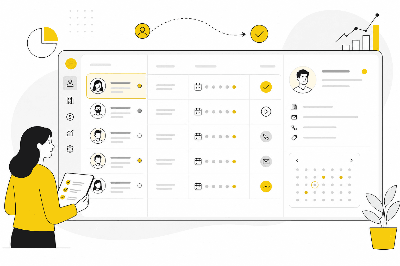 Illustration of a CRM view with follow-up dates, next actions and client records
