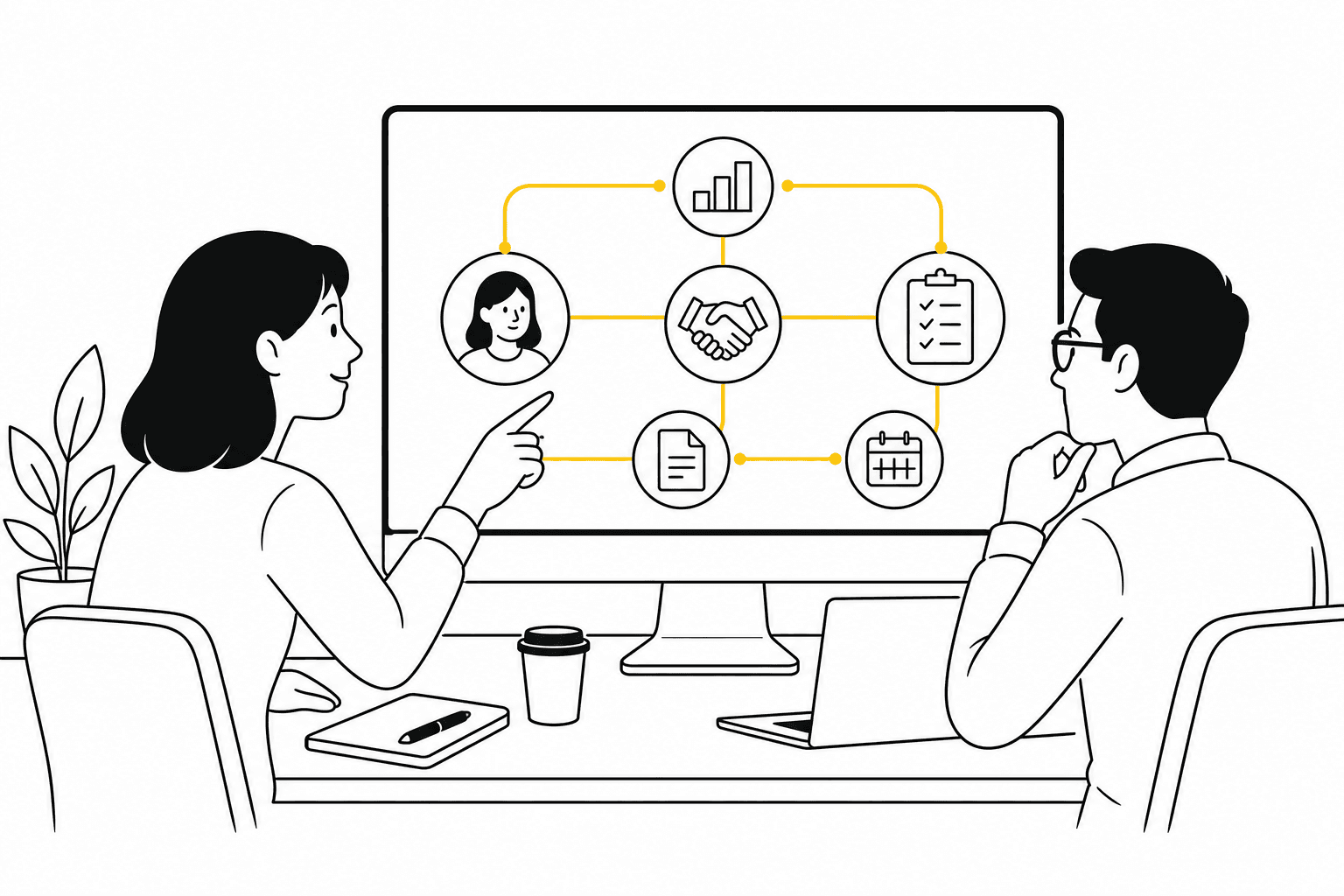 Illustration of sales and project work connected in one shared workspace