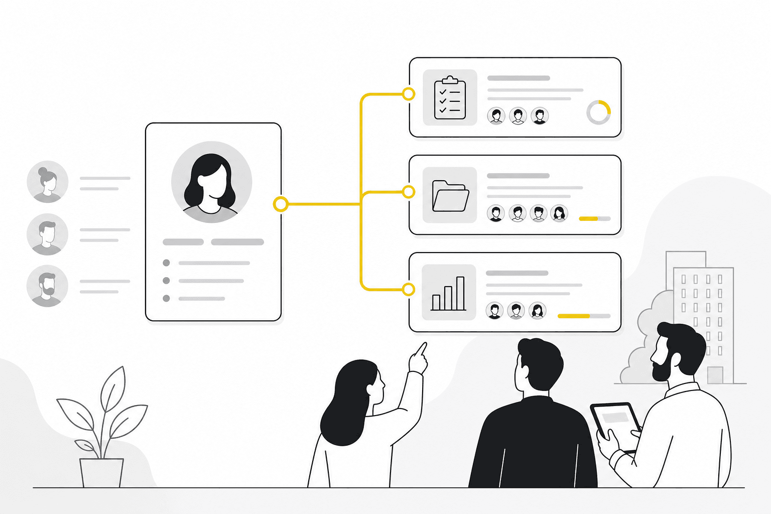 Illustration of contact records linked to active project engagements for project-based teams