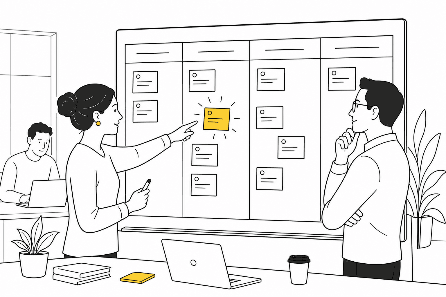 Illustration of an agency team delivering a project around a milestone board