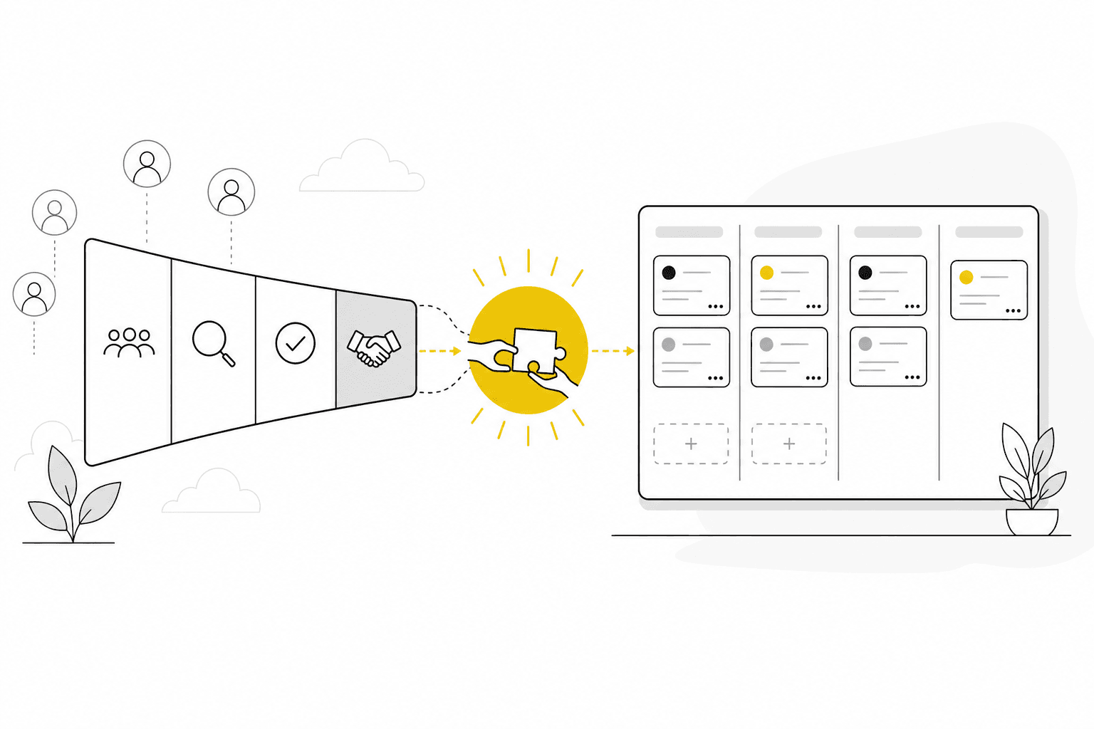 Illustration showing handoff from sales pipeline stages to an active project delivery board