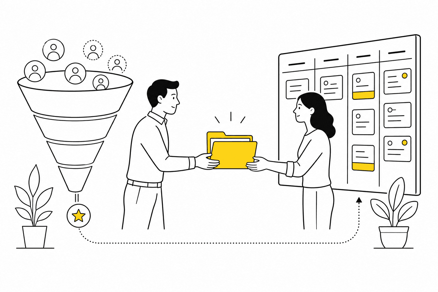 Illustration of a sales pipeline handing a project folder to a delivery board