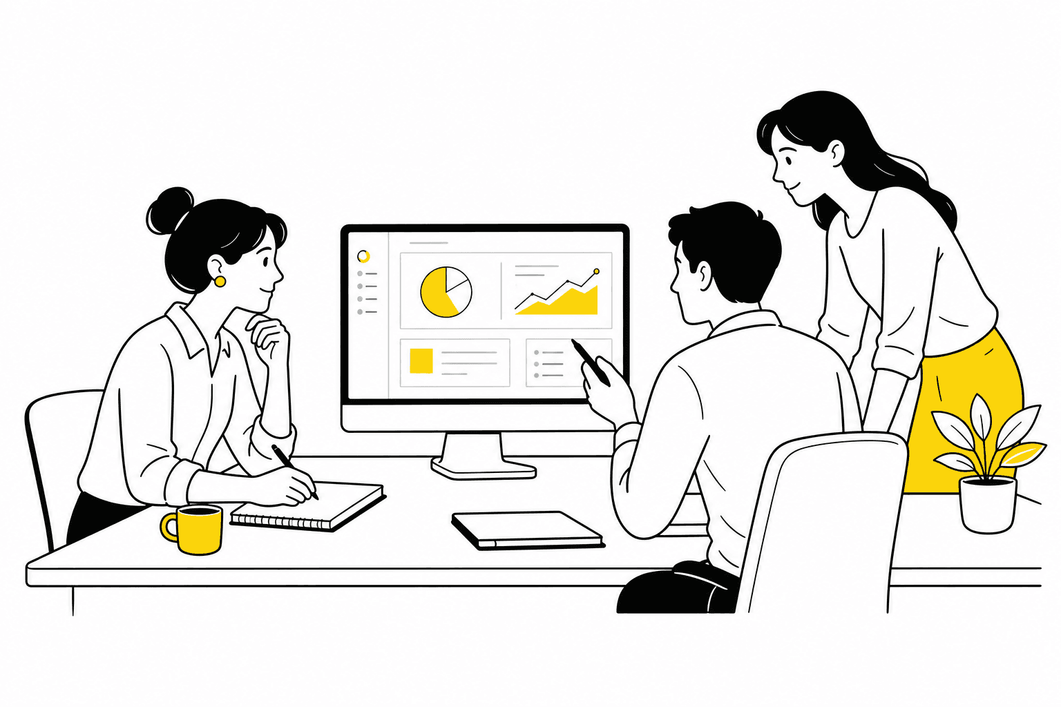 Illustration of a small service team working calmly around one shared workspace