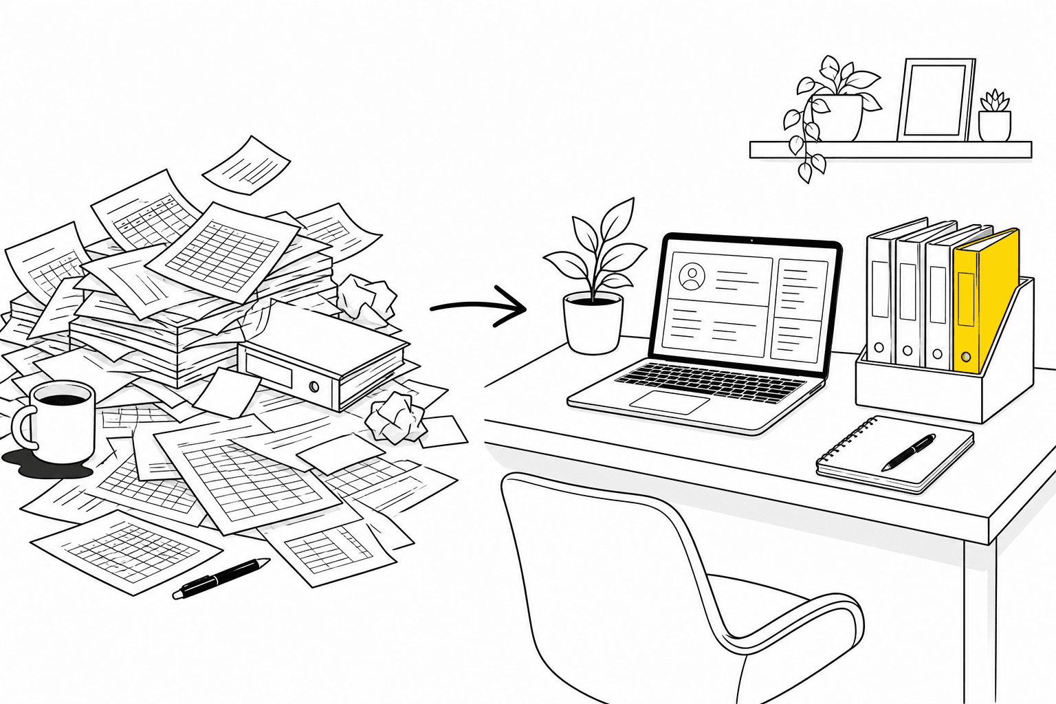 Illustration of messy spreadsheets transforming into an organized CRM workspace