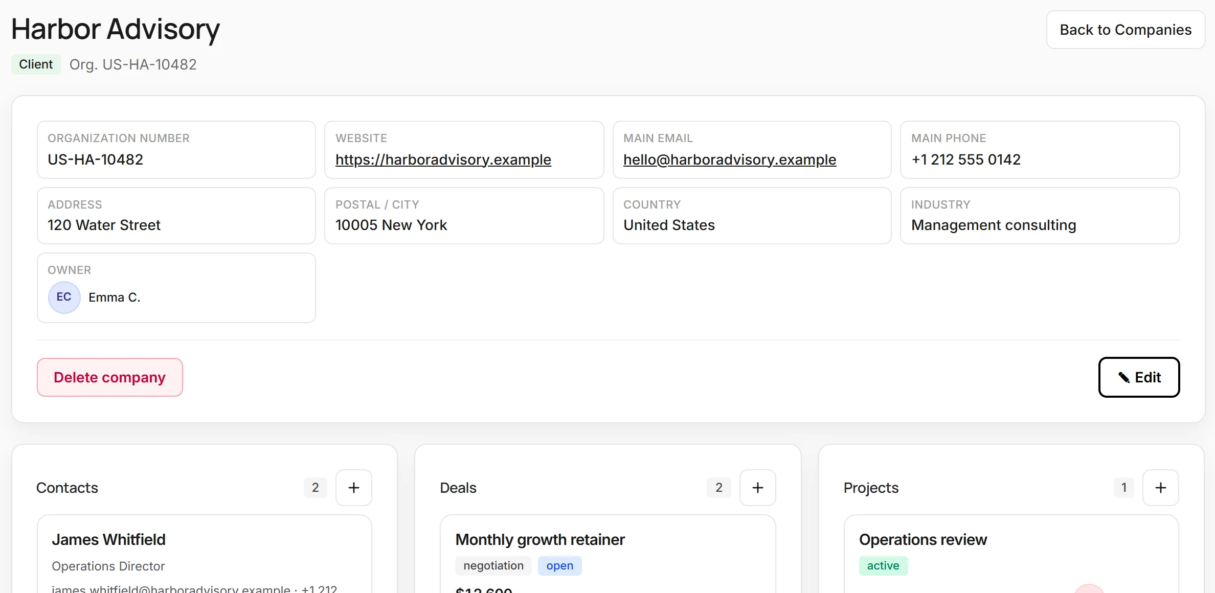 Kustmr company record with customer information, contacts and related deals