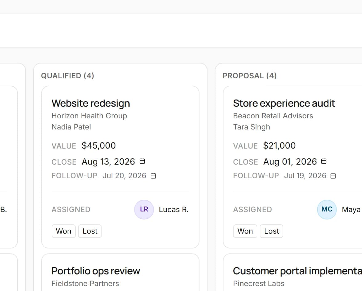 Kustmr deal pipeline stages with deal names, values and companies