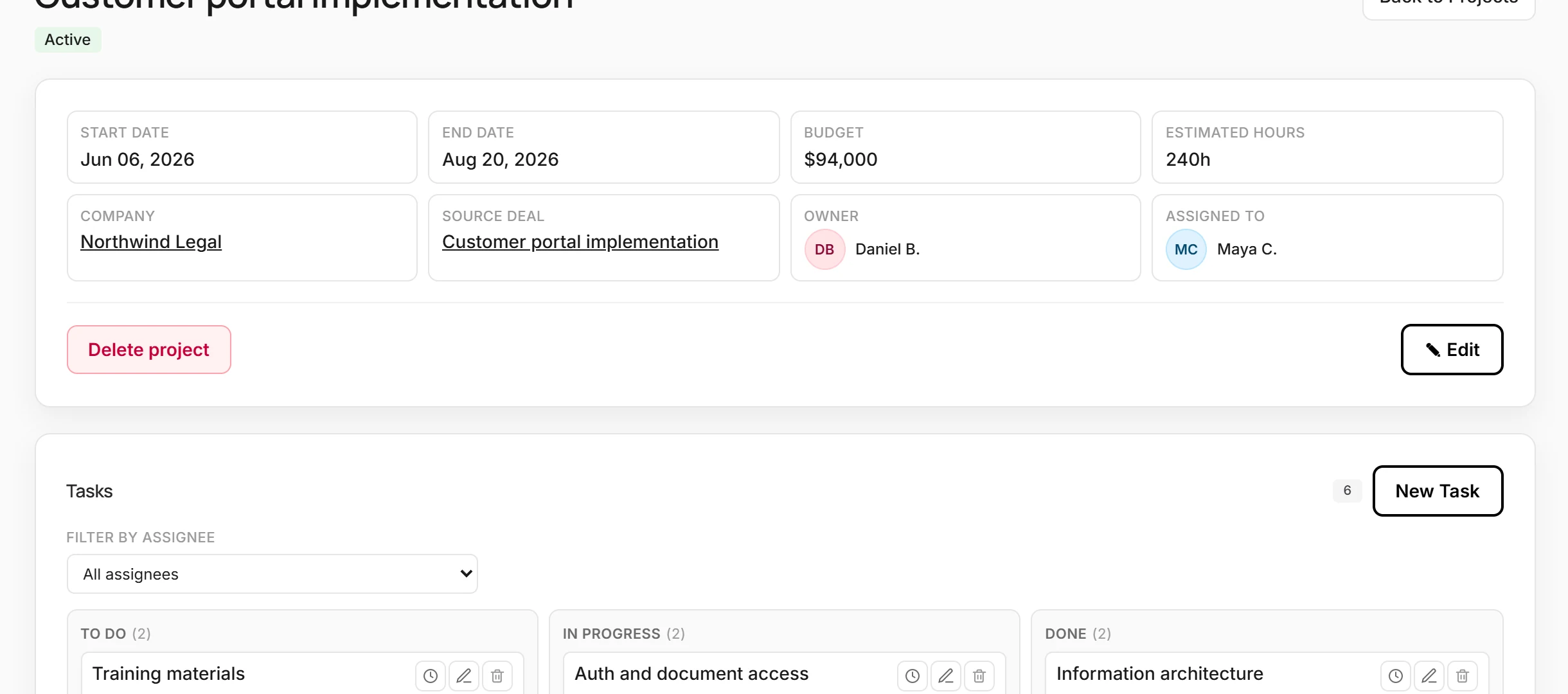Kustmr project delivery view with status, tasks and assignees