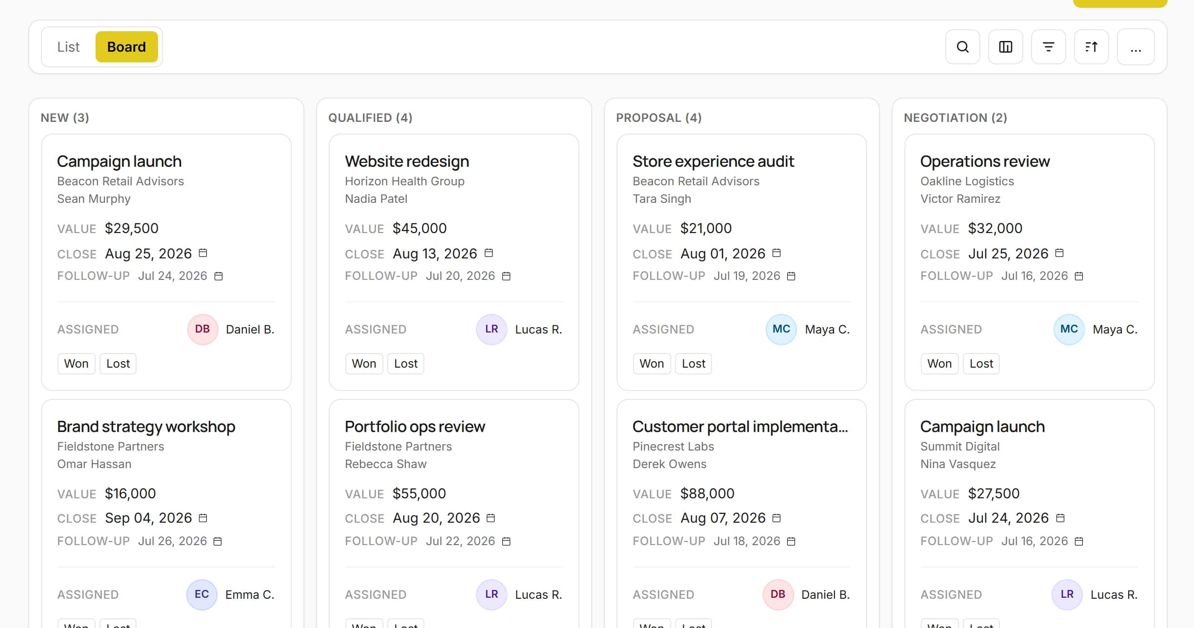 Kustmr deal pipeline board with stages, values and companies