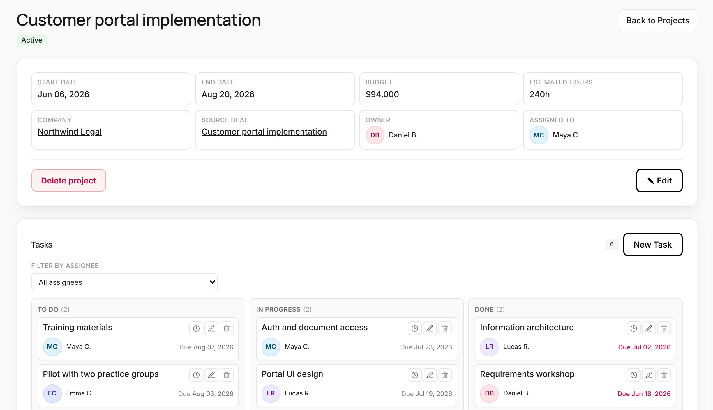 Kustmr project workspace with status, estimate and task board