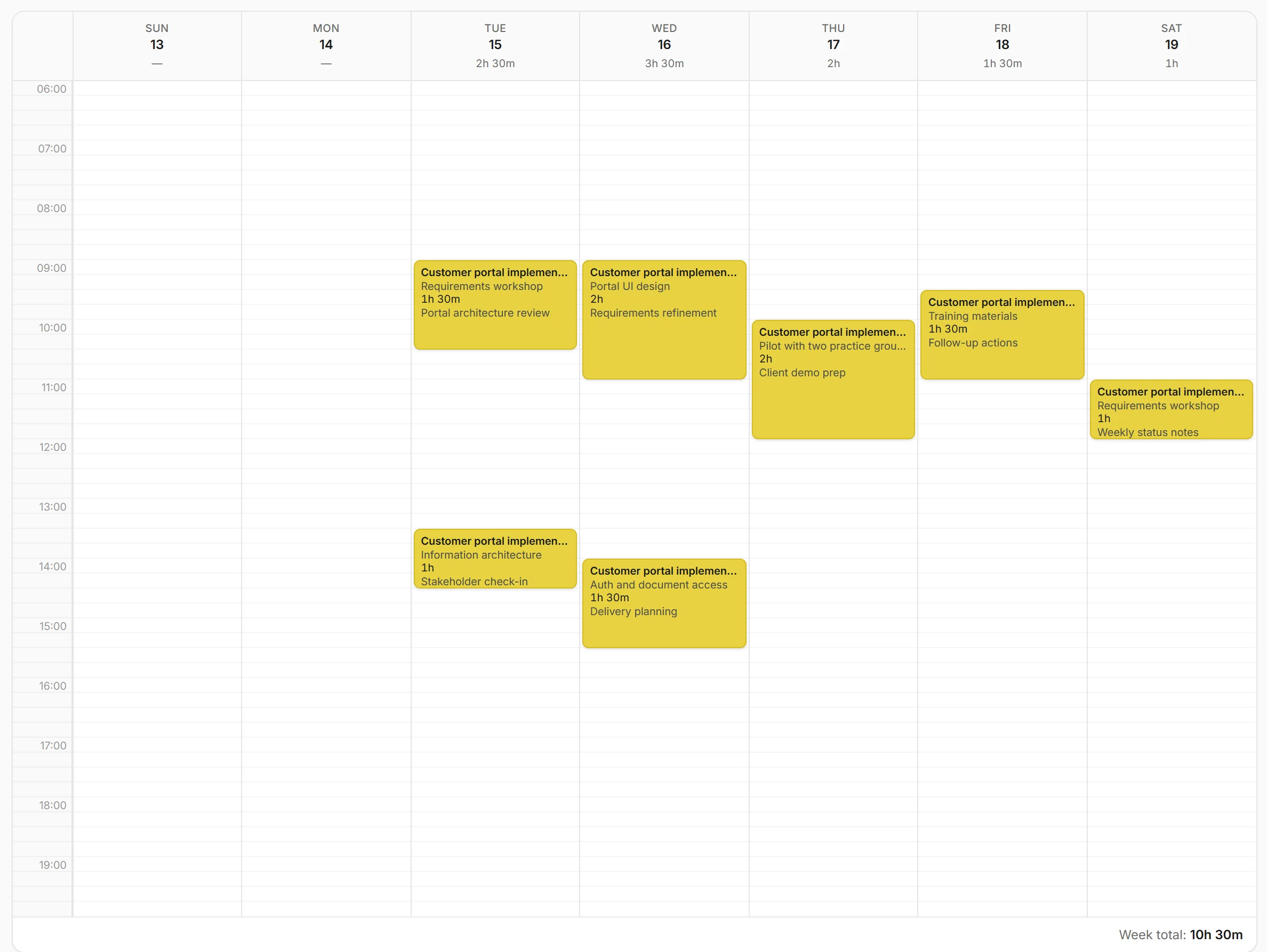 Kustmr time calendar with project and task time blocks